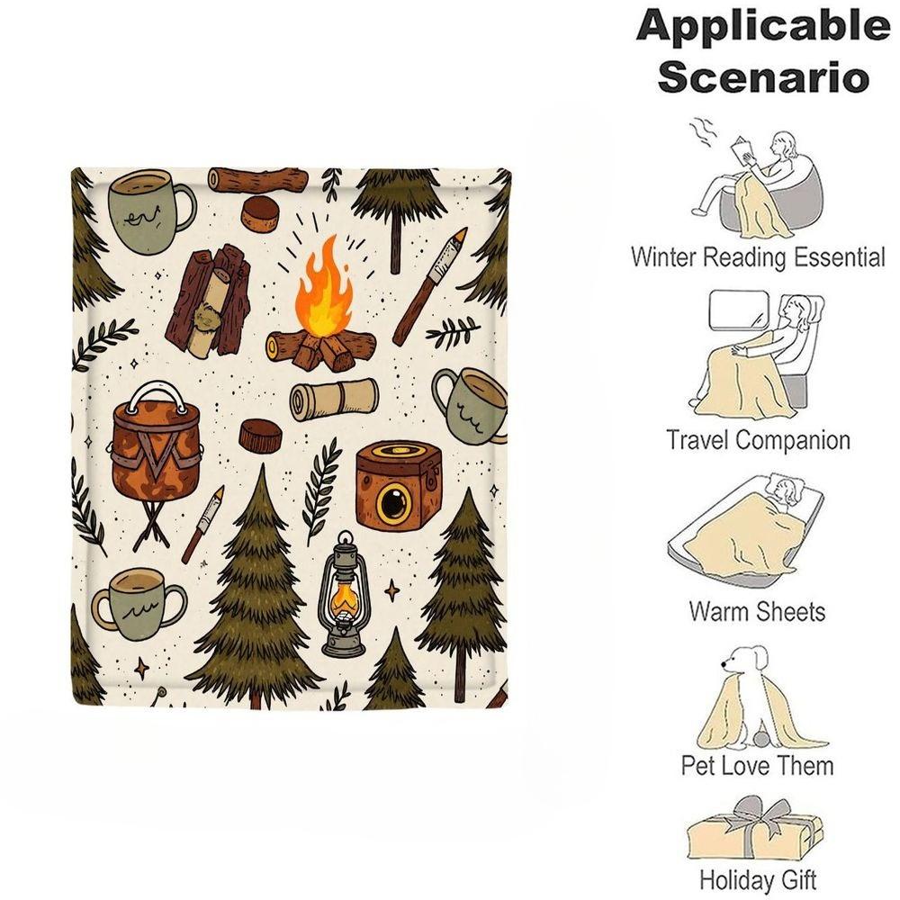 Camping Adventure Print Throw Blanket with Bonfire and Pine Tree Design for Sofa, Bed, Outdoor, and Travel Gift