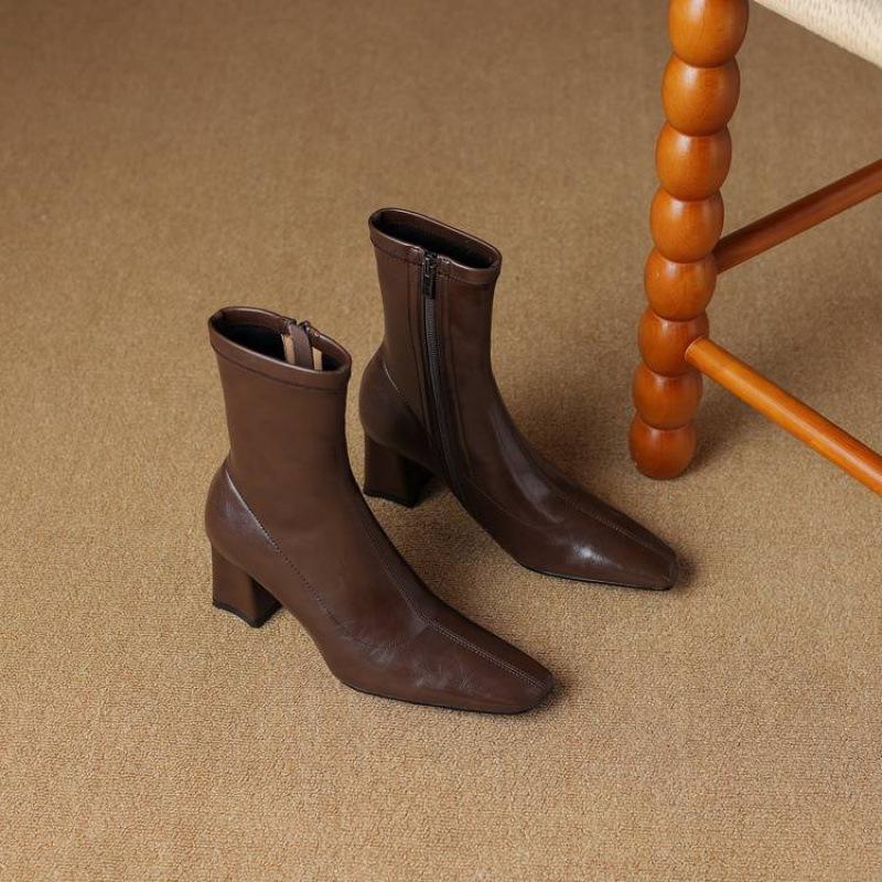 New Women's Versatile Solid Color High Heel Women's Boots Coarse Heel Comfortable Zipper Square Head Knight Boots Autumn and Winter Medium Boots Wome