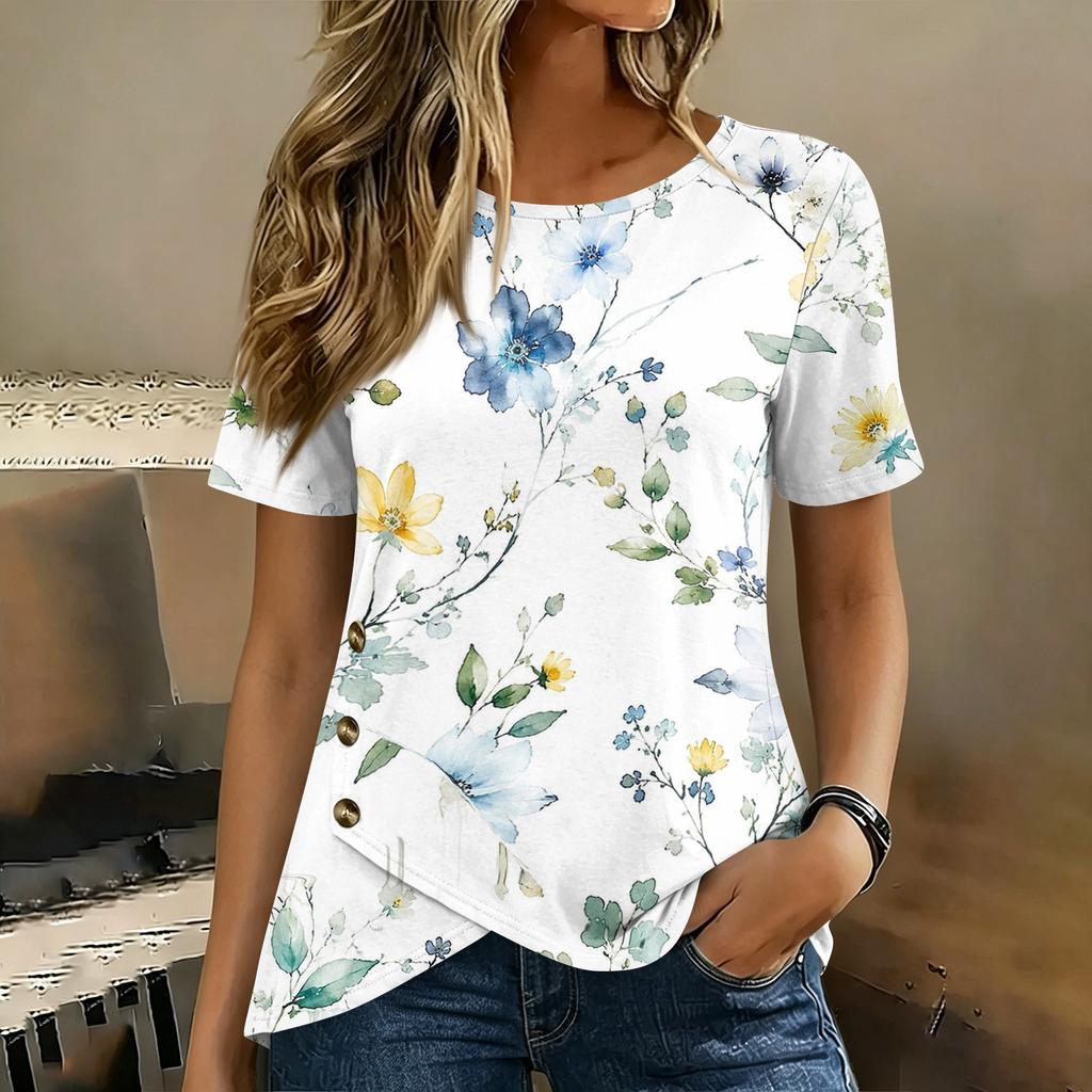 Women’s Round Neck Short Sleeve Top with Floral Print and Button Casual Loose Fit T Shirt Blouse for Daily Wear