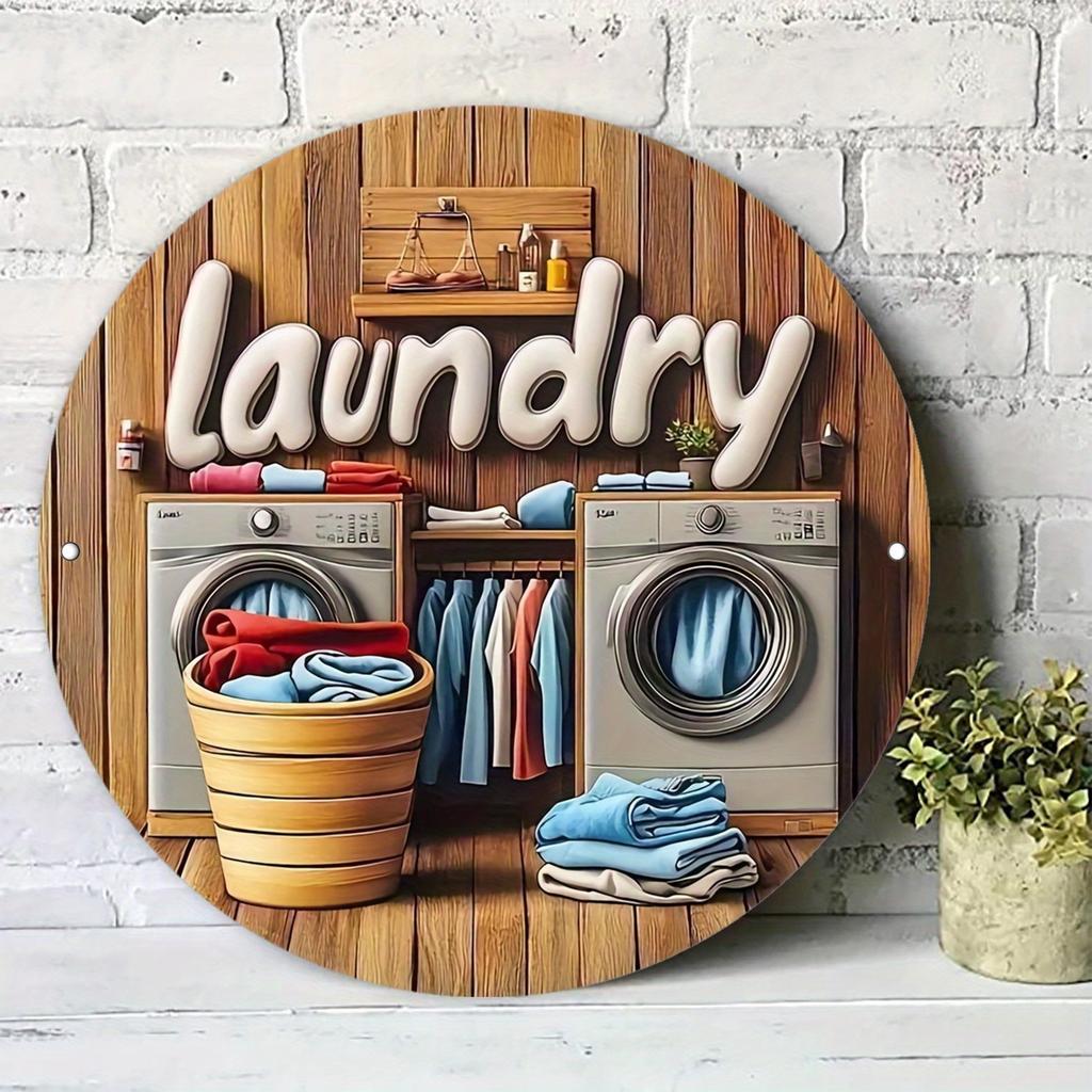 HD Tin Sign Laundry Room Round Metal Wall Art Vintage Washer Farmhouse Decor