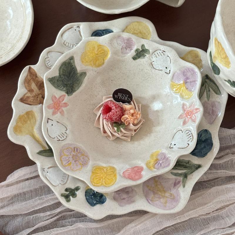 Retro Handmade Ceramic Tableware Underglaze Color Rice Bowl High Value Household Plate Breakfast Cup Dessert Plate Salad Bowl