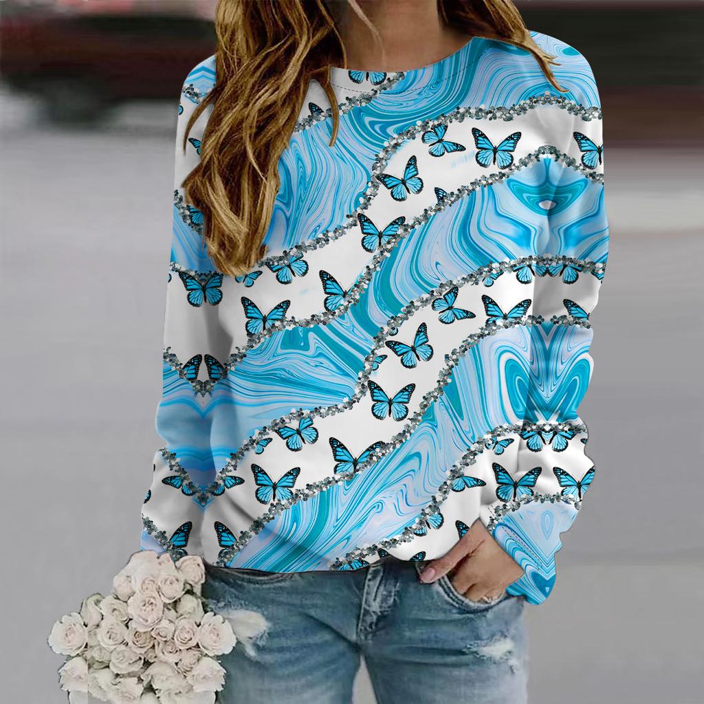 Fall Autumn Women'S Fashion O Neck Long Sleeve T-Shirt Loose Clothes Blue Chrysanthemum Butterfly Print T Shirt For Girls Street