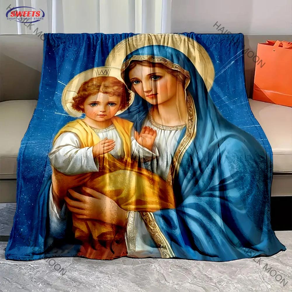3D Panna Maria Modlící se Křesťanský Bůh Flanelová Umělecká Deka Přehoz na Pohovku Postel Kancelář Čtyři Roční Období Měkká Nadýchaná Prošívaná Deka Flanelový Přehoz