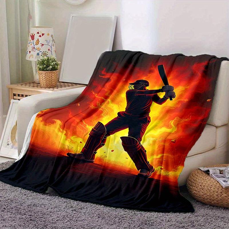 1pc. Flame-Themed Cricket Player Silhouette Blanket - Perfect for Home, Office, Outdoor Use, Gift Idea,