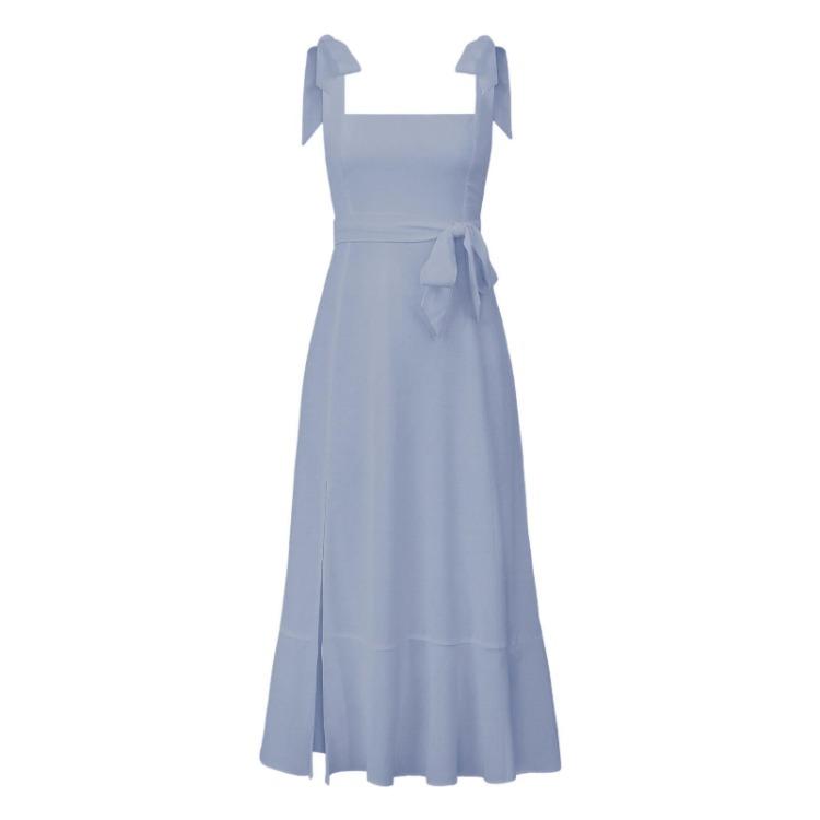Women Summer Casual Sleeveless Spaghetti Strap A-Line Dress High Waist Long Split Solid Color Dresses