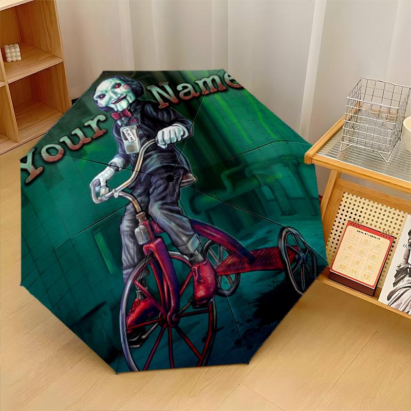 Custom Text Automatic 8 Bone Umbrella, Portable Sun Rain Protection UmbrellaSaw Billy the Puppet
