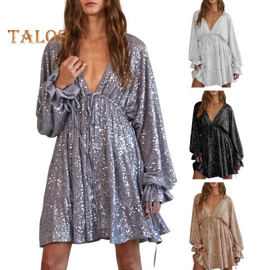 Lady Club Party Dress Deep V Neck Shimmering Sequin Loose Solid Color Long Sleeve Bow Lace-up Strap Slimming Look Mini Dress