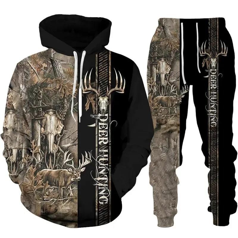 

Толстовка Country Men Deer Hunting с 3D-принтом, спортивный костюм, комплект из 2 предметов, мужская толстовка с капюшоном и штаны, модный камуфляжный уличный свитер L