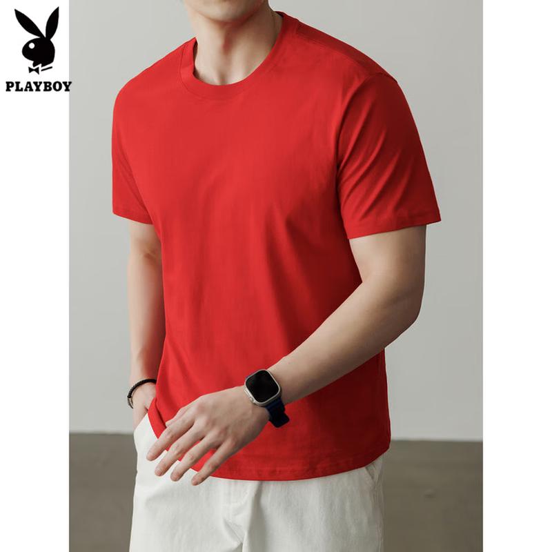 PLAYBOY Men s Solid Round Neck 100% Cotton Short Sleeve T-Shirt 4XL