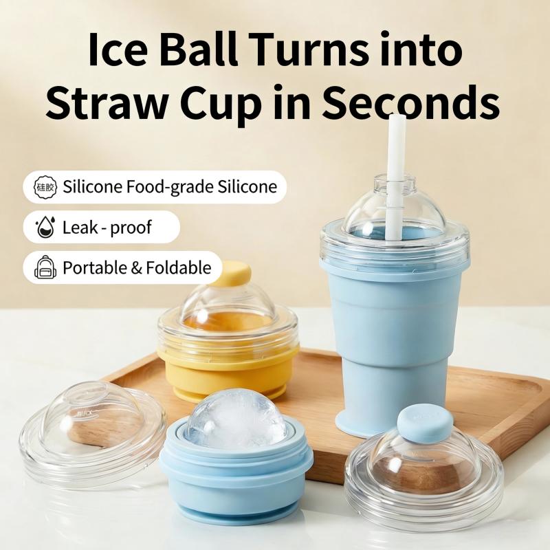 New Portable Foldable Ice Ball Cup with Built-in Straw, Food-Grade Silicone Ice Maker Mold, Summer Outdoor Travel Tumbler