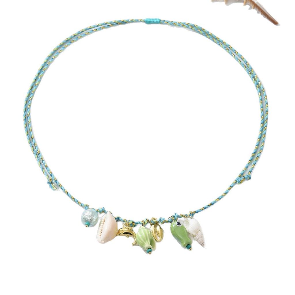 European and American color rope hand-woven ocean wind shell starfish ceramic small fish pendant bohemian wind necklace