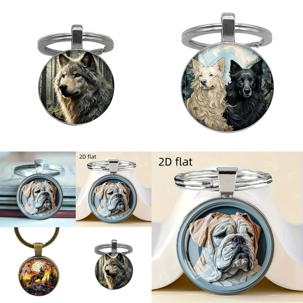 Dog Pattern Glass Pendant Keyring With Vintage Finish Ideal For Gifts
