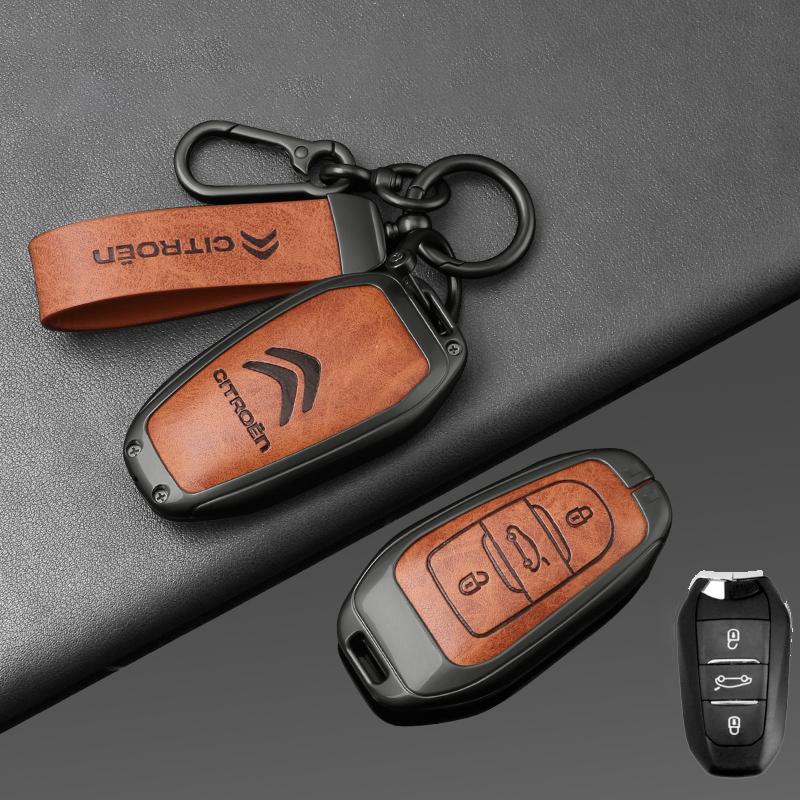 AAMD1 -Zinc Alloy Leather Car Key Case Cover Shell Fob Holder for Citroen Tianyi C5 2022 2020 2019 2017 2016 Car Key Shell Accessories