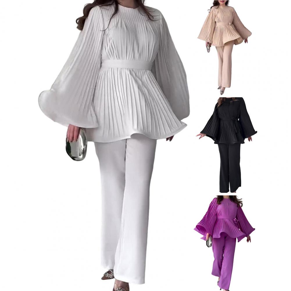 2 Pcs/Set Women Top Pants Pleated Horn Sleeves Lace-up Bow Tight Waist Big Hem Round Neck Blouse Wide Leg Solid Color Trousers O