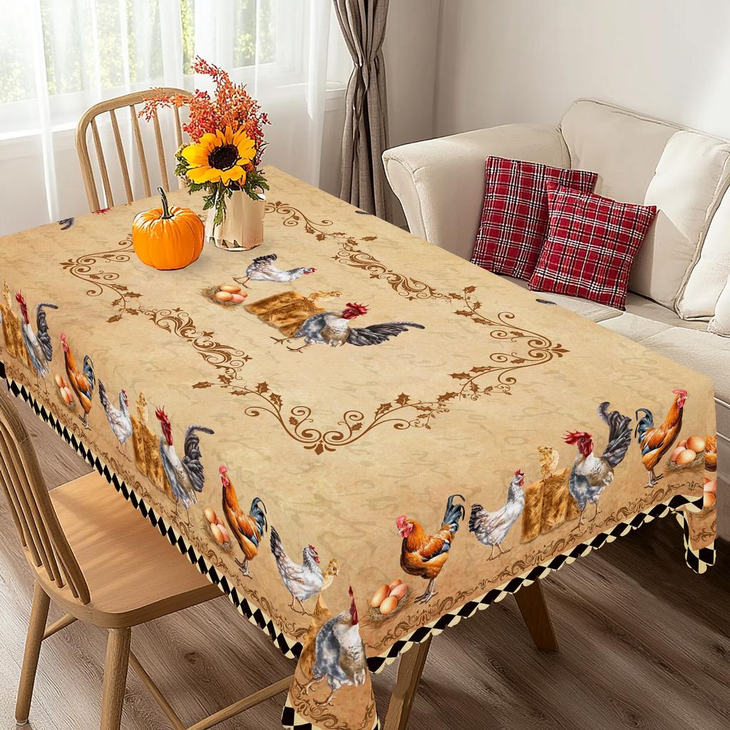 1 Piece Farm Style Chicken Round Tablecloth, 5 Sizes Available, Farmhouse Style Retro Chicken Pattern Printed Tablecloth, Edge Embossing Process, Cour