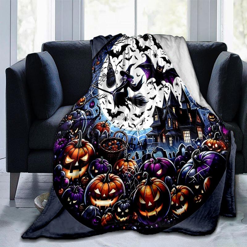 1 szt. Koc Halloweenowy Nietoperz Wiedźma Dynia Miękki Koc do Dekoracji Pokoju, Idealny Pomysł na Prezent, Salon, Podróż, Kemping, Kocy Samochodowe