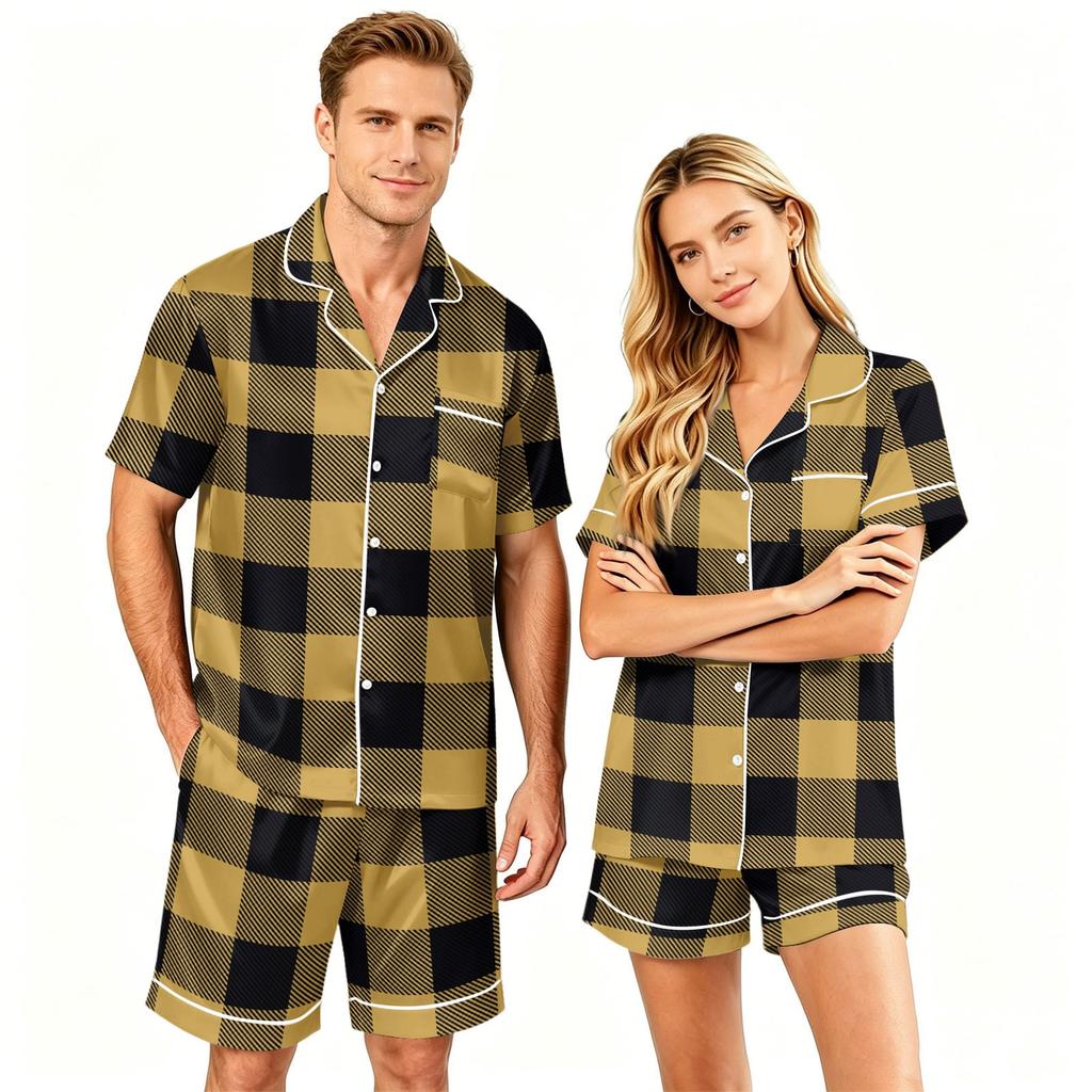 Couple Matching Pajama Set Short Sleeve Button Down Shirt with Hem and Shorts Set Soft Casual Sleepwear Available In Sizes S To XXXXL