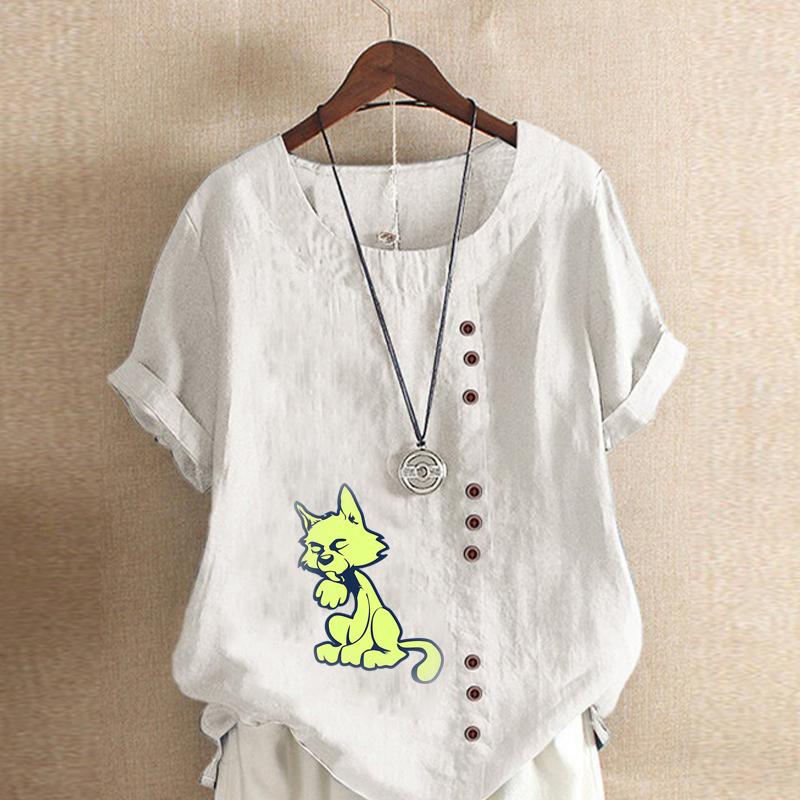 Women's Fashion Fox Print Short Sleeve T-shirt Loose Cotton Shirt Casual Loose Summer Blouse Tops Plus Size