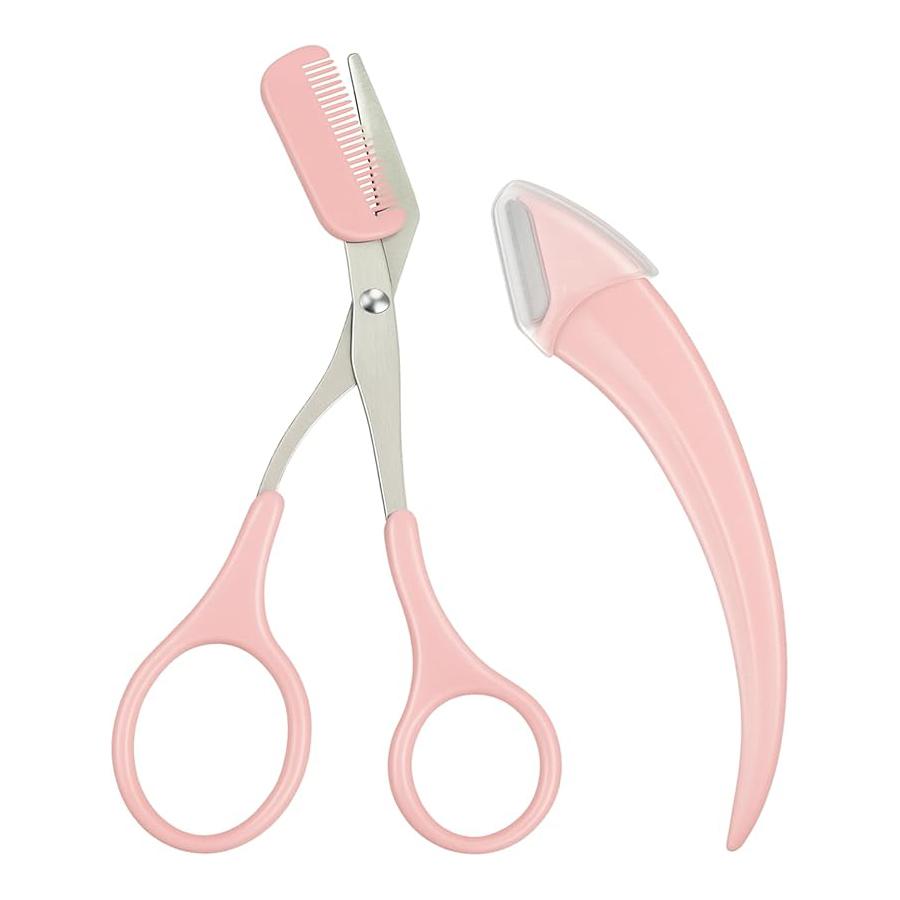 

2Pcs Eyebrow Grooming Tool Set, Curved Eyebrow Razor Trimming Scissors Easy Beauty Tools for Beginner