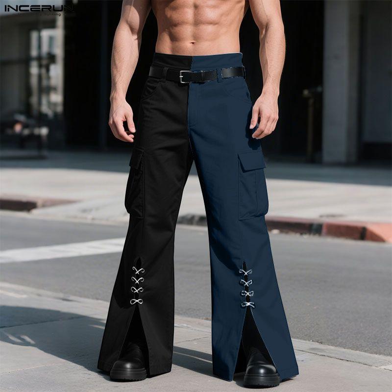 INCERUN Men Zip-up High Waist Stitching Bandage Casual Long Flare Trousers Pants