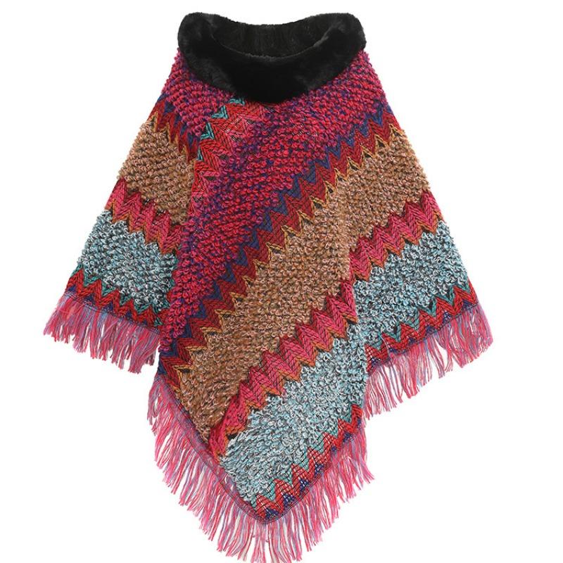Color Ethnic Style Pullover Cape Women's Fur Collar Women's Knitted Cape Warm Autumn and Winter Shawl