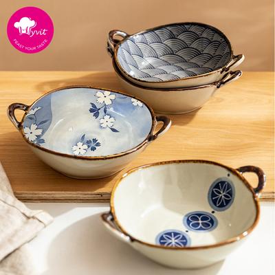Soepkom met dubbele oren, Japanse kom, huishouden, retro noedelkom, Ramen, keramiek, groot soepbassin, servies
