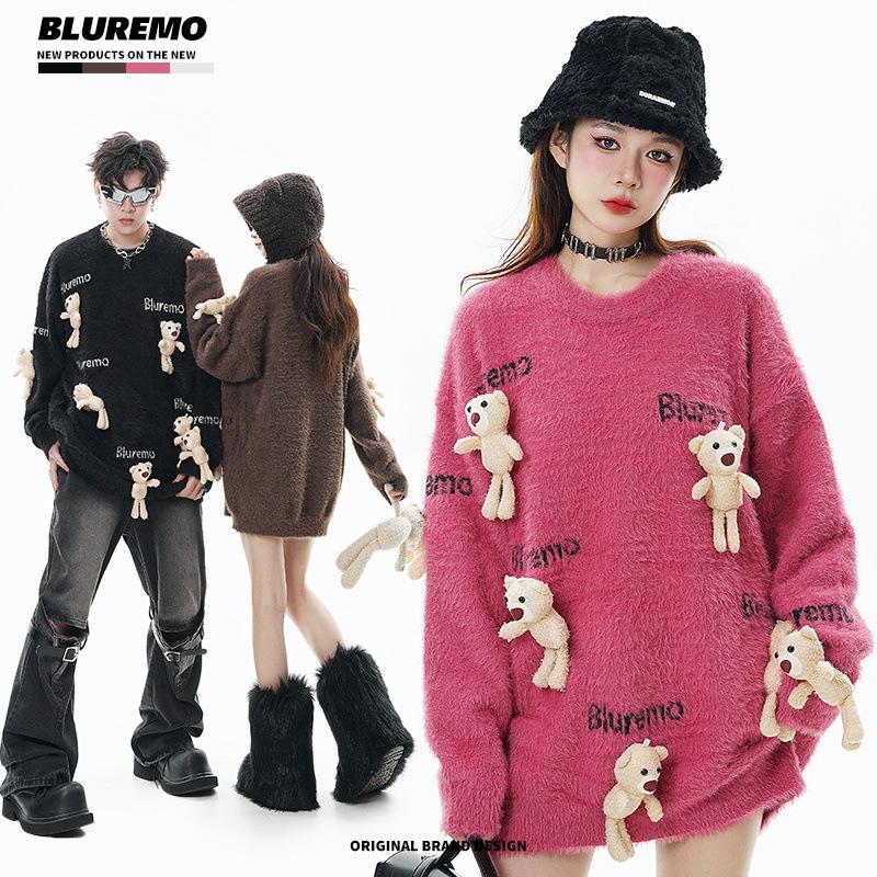 BLUREMO Herbst und Winter Neu Lustiger Cartoon Bär Puppe Gestrickter Pullover Buchstaben Jacquard Rundhals Lockerer Pullover
