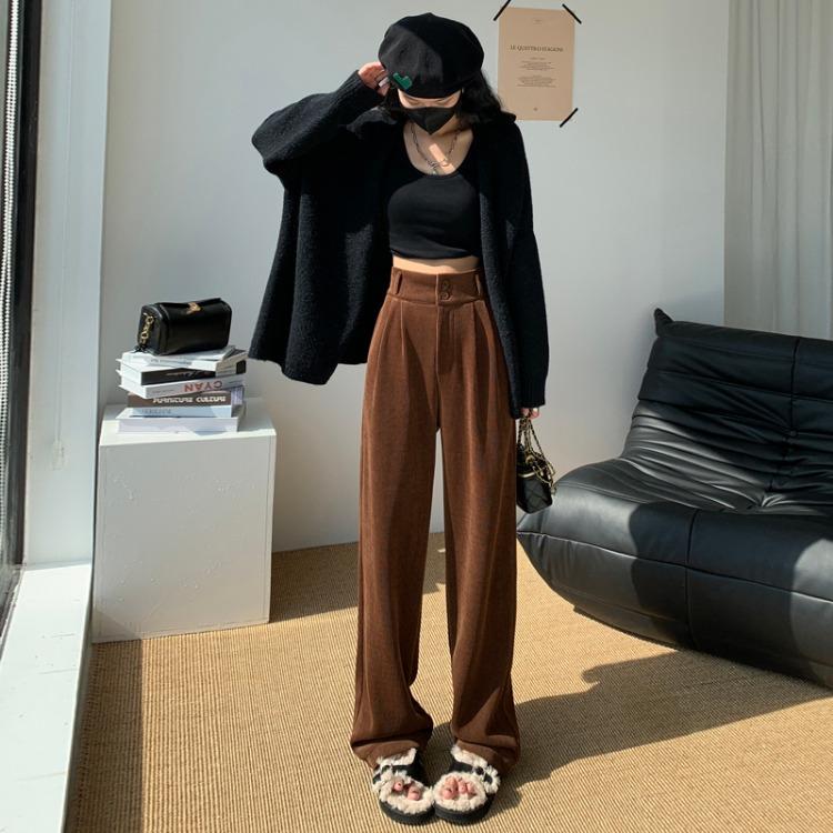 Autumn Women's Black Velvet Wide Leg Trousers for Outwear