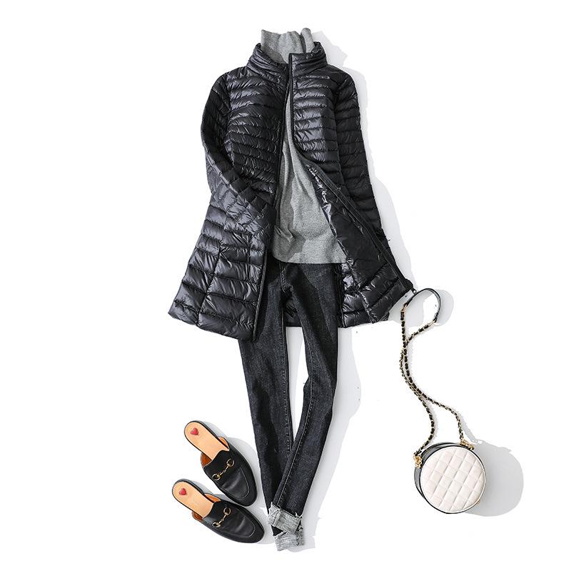 Women's Mid-Length Lightweight Down Jacket - New Fall/Winter Slim Fit with Stand Collar & Long Sleeves, Plus Size, White Duck Down.