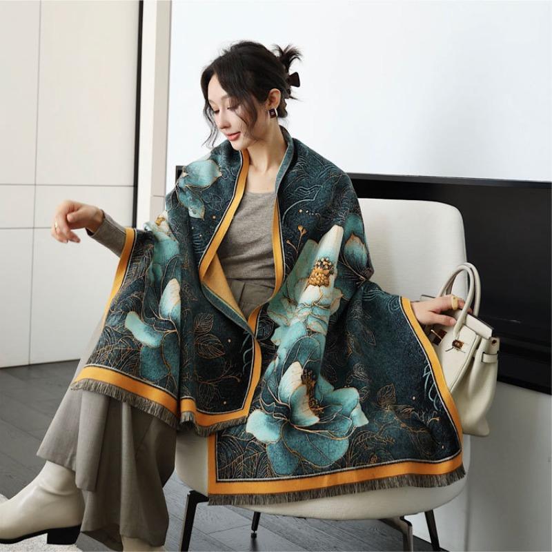 

Guochao autumn and winter oil painting peony high-end imitation cashmere shawl literary fashion thickened warm decorative scarf scarf scarf 190cm