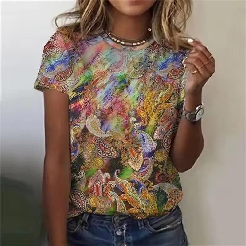 3D Print Women Vintage Casual T-shirt All Over Print Flowers Loose Breathable Short Sleeve T Shirts Summer Daily Fashion Trend Top