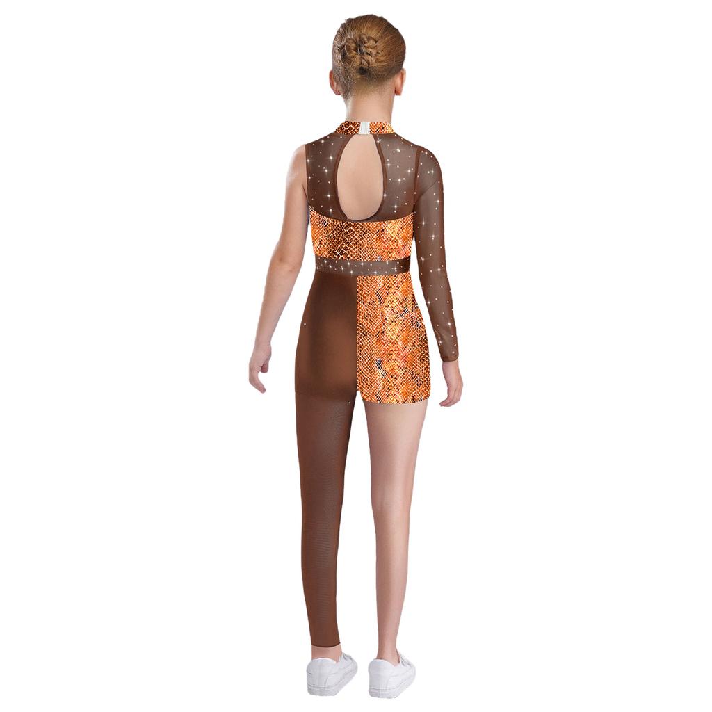 Girls Printed Gymnastics Leotard Star Leopard Snakeskin Design Shiny Rhinestones Sheer Mesh Patchwork Asymmetrical Bodysuit