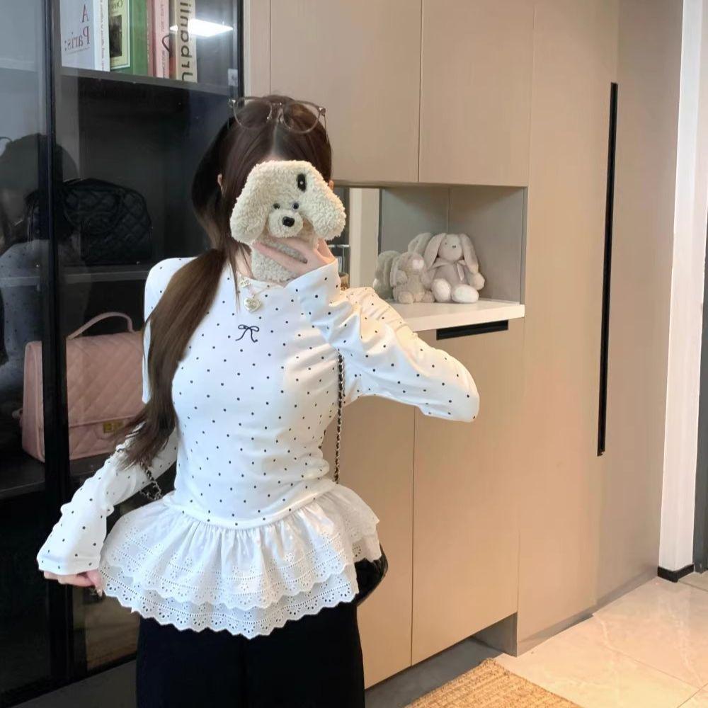 

Plus Size Polka Dot Thermal Fleece Long Sleeve Lace Trim T-Shirt - Slimming & Flattering for Autumn/Winter 3XL (161-180 jin) белый
