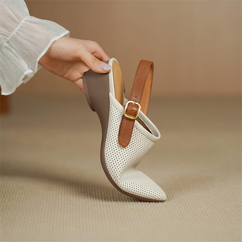 Fashion New Split Leather Summer Sandals Round Toe Sandals for Women Chunky Heels Fashion Hollow Out Sandals Breathable Ladies Shoes