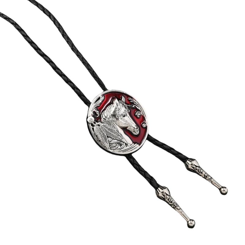 Western Faux Leather Cord Bolo Tie with Enamel Metal Badge Pendant Adjustable Chain Necktie Necklace for Men s Wardrobe