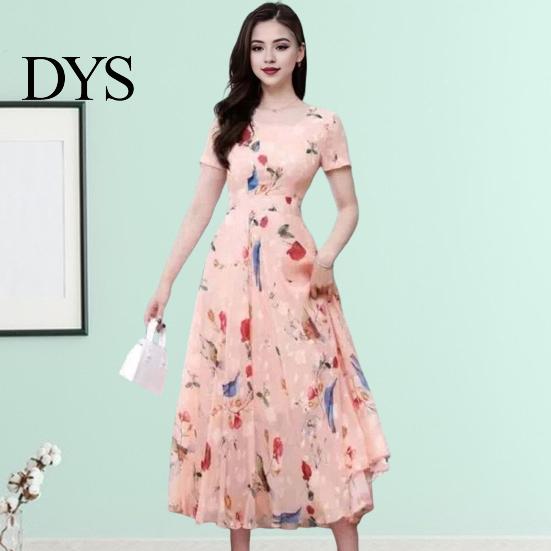 Lightweight Printed Dress Women Party A-line Big Swing Ice Silk O Neck Summer Short Sleeves High Waist Mid-calf Length Prom Dating Midi