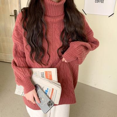 Herbst und Winter neue einfache lässige Rollkragenpullover Damen locker faul Zopfmuster Strickpullover Jacke