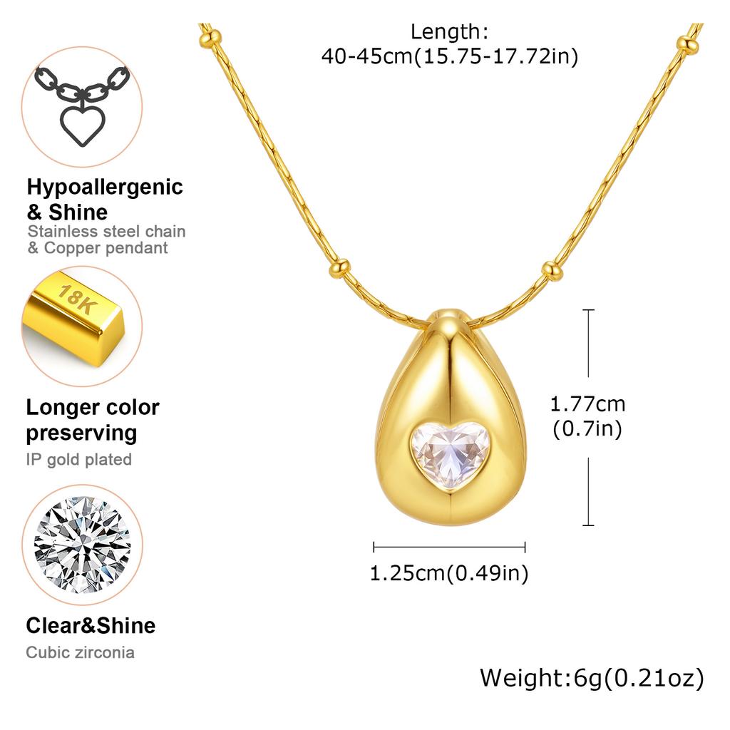 Elegant Heart-shaped Zircon Water Drop Necklace for Women,Stainless Steel Hammer Round Bead Chain Necklaces,Fashion Jewelry Gift