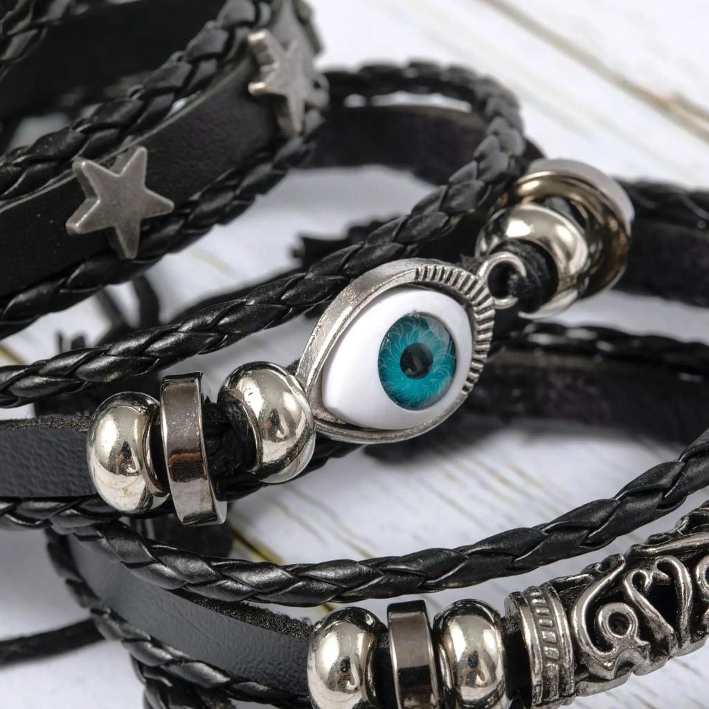 5pcs Evil Eye Wing Star Diy Braided Punk Style Bracelet Set Featuring Pu Leather And Beads