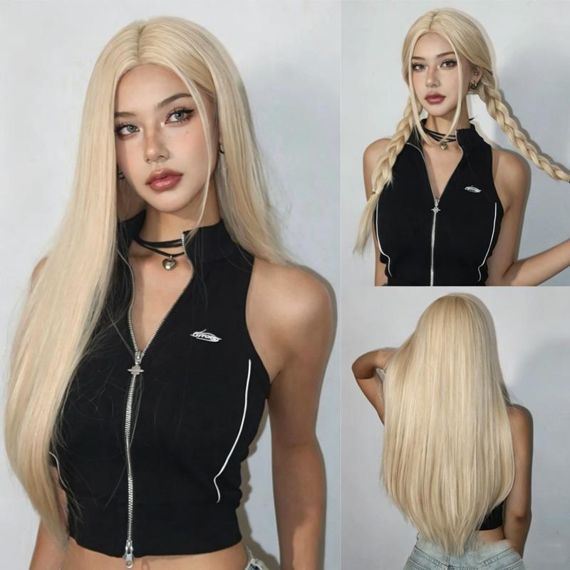 Women Blonde Wig Long Silky Straight Wigs with Bangs Synthetic Wig for Fashion Women Heat Resistant Natural Looking Hair Wig for Halloween