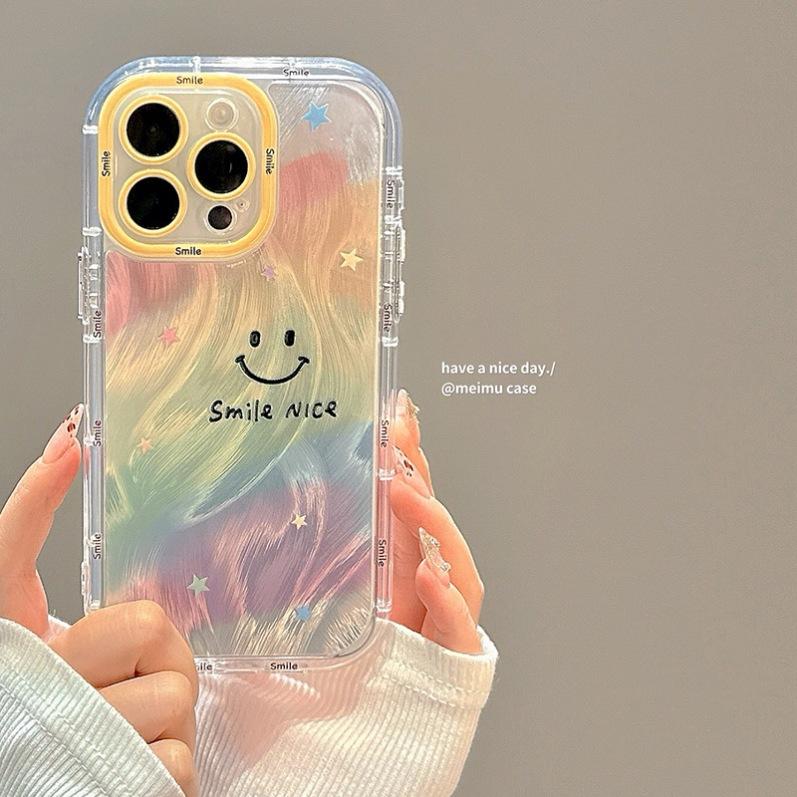 Regenbogen Lächelndes Gesicht Federgarn für Apple 16 Promax Handyhülle für IPhone 15 Neues Modell 14 Weiche Hülle 13 Airbag 12