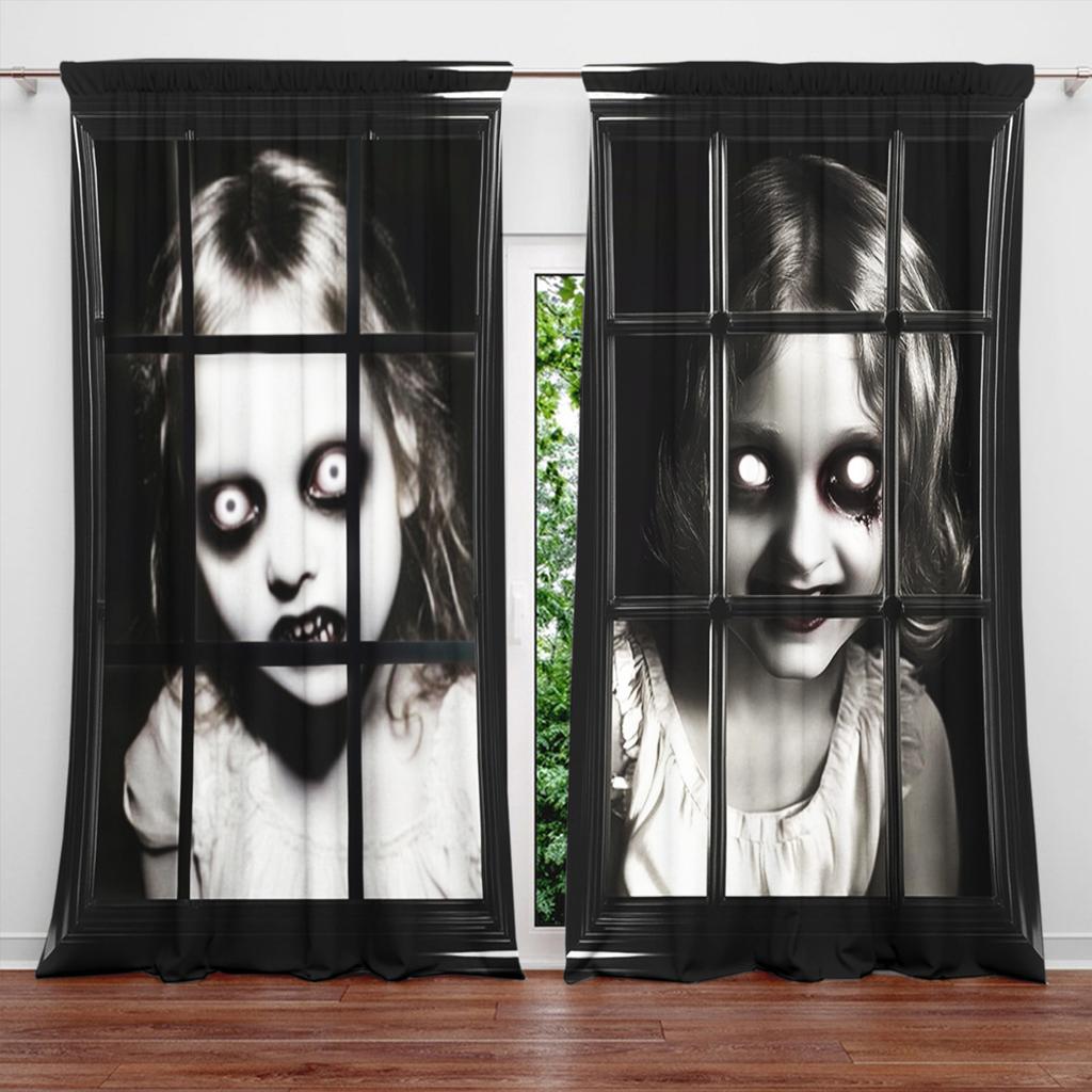 2 szt. Przerażająca Dziewczyna w Oknie Drukowana Zasłona do Dekoracji Domu - Kieszeń na Karnisz Dekoracja Okna do Sypialni, Biura, Kuchni