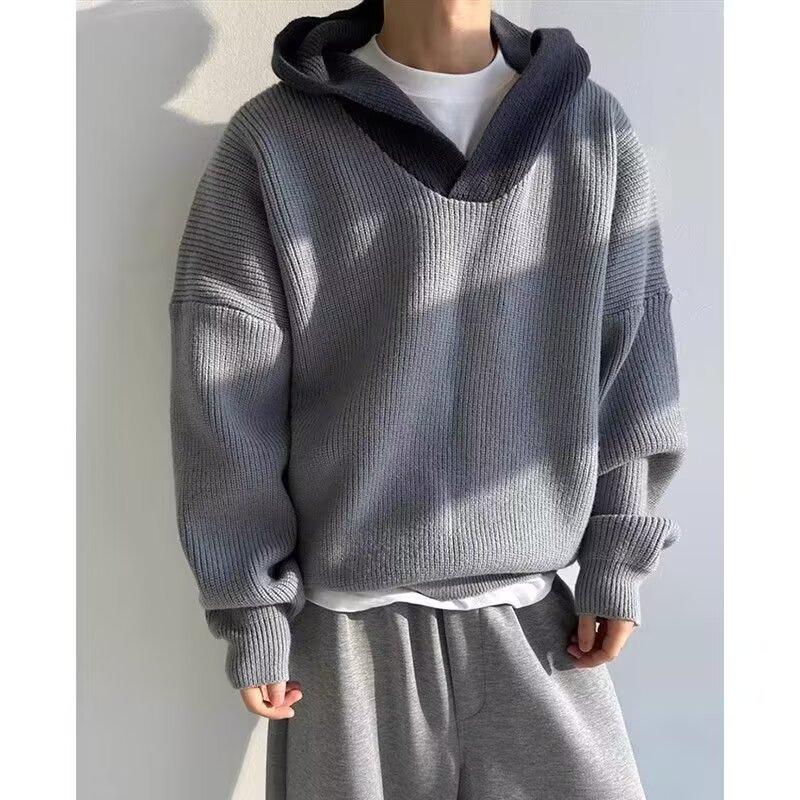 

Autumn and winter contrasting colors V-neck hooded knitted sweater men s lazy style trend high street pullover simple thread jacket 2XL сірий колір