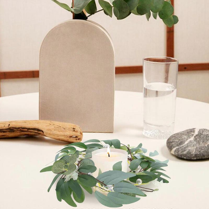 Artificial Leaf Candle Wreath for Event Decor Green Rustic Candle Holder