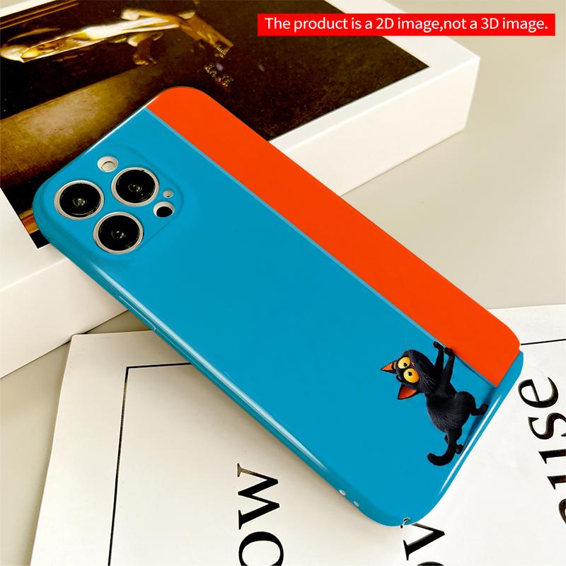 2DFlat Black Cat Peeking at Blue-Orange Wall All inclusive film hard iPhone case, compatible with iPhone 18 Pro Max 17 16 15 14 13 12 11