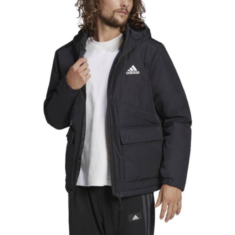 Adidas Solid Color Logo Print Stand Collar Hooded Jacket Men Outerwear Black H65766