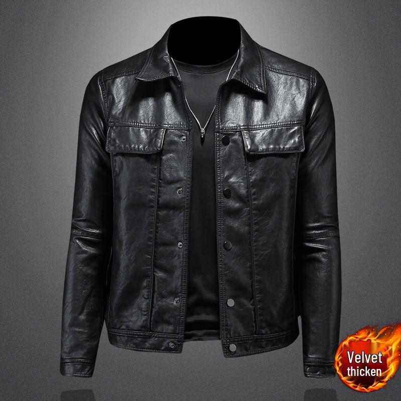 Men's Slim-Fit Turn-Down Collar Leather Motorcycle Jacket - Trendy Casual Outerwear
