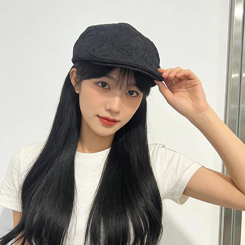 

Spring new Korean retro lace pattern embroidery forward hat big head showing face small beret M（56-58cm）