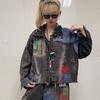 Trendy and cool fashion color matching printing old denim suit autumn dress new loose personality Harlan pants two-piece set