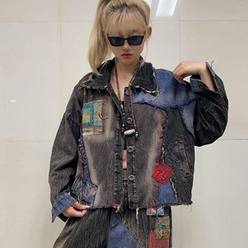 Trendy and cool fashion color matching printing old denim suit autumn dress new loose personality Harlan pants two-piece set